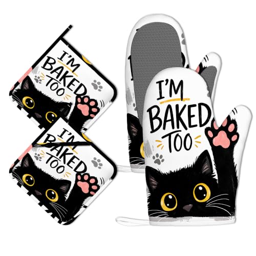 Funny Baker Black Cat Oven Mitts and Pot Holders Sets of 4 PCS, I’M Baked Too Oven Gloves Potholder for Kitchen Cooking Baking BBQ Heat Resistant - color: Funny Baker Black Cat
