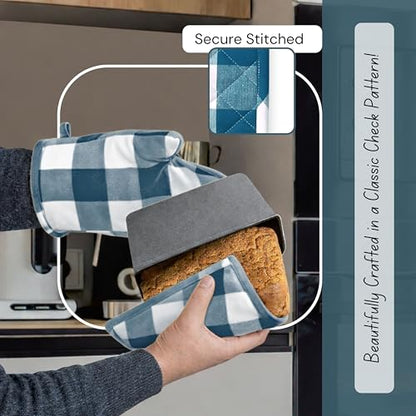 Native Fab Buffalo Plaid Check Oven Mitts and Pot Holders Set of 4, 100% Cotton Heat Resistant Kitchen Gloves, 2 Oven Mitts (7x13), 2 Pot Holders (8x8) for Cooking & Baking, Teal Green White - color: Buffalo, Teal Green