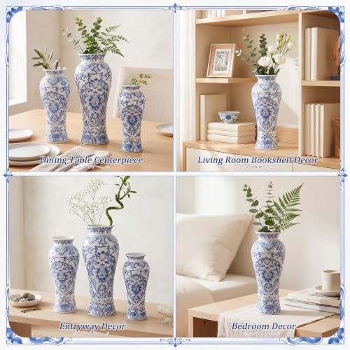 LemonRoad 3 Pack Chinoiserie Vases Porcelain Blue and White Vases for Flowers Pottery Chinoiserie Ceramic Vase for Living Room Mother's Day Decor Table Centerpiece, 6.7", 8.3", 10"(Modern) - style: Modern