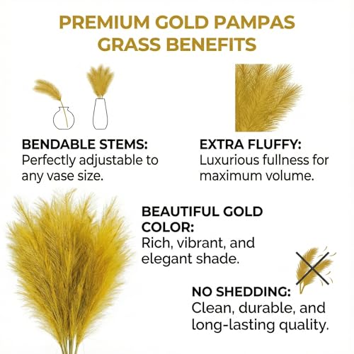 RyddeligHome Gold Pampas Grass Decor, 3 Stems x 115cm/45in | Faux Pampas Grass Tall Large Fluffy, Gold Feathers Floral Picks, Living Room Holiday Decor, Home Accent Decor