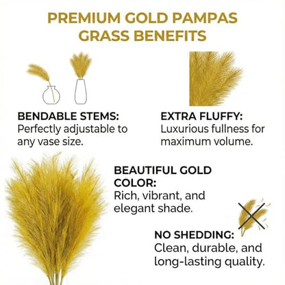 RyddeligHome Gold Pampas Grass Decor, 3 Stems x 115cm/45in | Faux Pampas Grass Tall Large Fluffy, Gold Feathers Floral Picks, Living Room Holiday Decor, Home Accent Decor