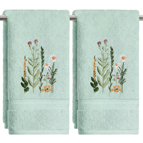 Artoid Mode 2 Pcs Pale Green Wildflower Floral Embroidered Hand Towels for Bathroom, Cotton Soft Absorbent Farmhouse Decor Towels, 13.7 x 29.5 Inch - color: Pale Green, size: 13.7" x 29.5", 2PCS