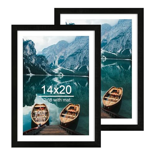 Hongkee 14x20 Picture Frame Set of 2, Rustic Black Wood Style - Display 14 x 20 Picture without Mat or 12x18 Picture with Mat, Wall Mounting Horizontal and Vertical - color: Rustic Black, size: 14x20 in
