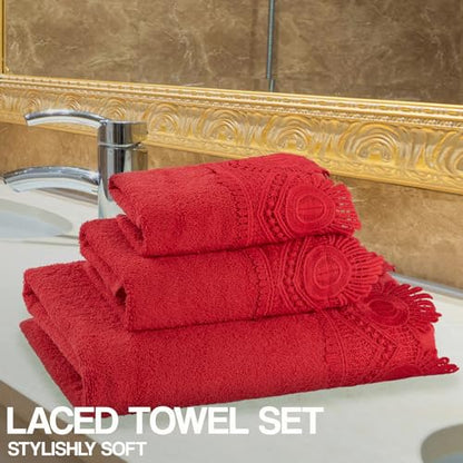 Zahari Home 3 Piece Laced Towel Set - Stylish Soft Plush Cotton Towels with Hand Towel & Washcloth - Highly Absorbent Towels for Bathroom, Gym, Hotel & Spa (Crochet Red) - color: Crochet-red