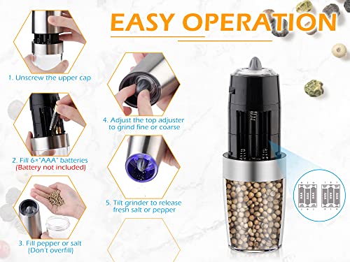 Gravity Electric Salt and Pepper Grinder Set, Battery Powered LED Light One Hand Automatic Operation, Adjustable Coarseness Mill Grinders Shakers Black (G.Silver 1p)