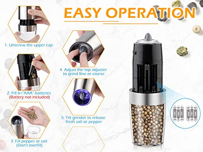 Gravity Electric Salt and Pepper Grinder Set, Battery Powered LED Light One Hand Automatic Operation, Adjustable Coarseness Mill Grinders Shakers Black (G.Silver 1p)