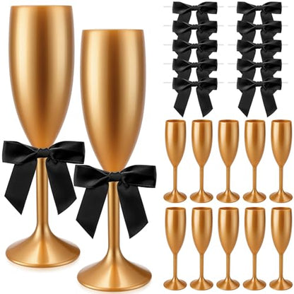Zopeal Plastic Reusable Champagne Flute Glasses 6 oz and 50 Pcs Bow Set Acrylic Wedding Toasting Goblet 3.5" Bow Unbreakable Wine Cup for Bachelorette Bridal Shower Party(Gold and Black) - color: Gold and Black