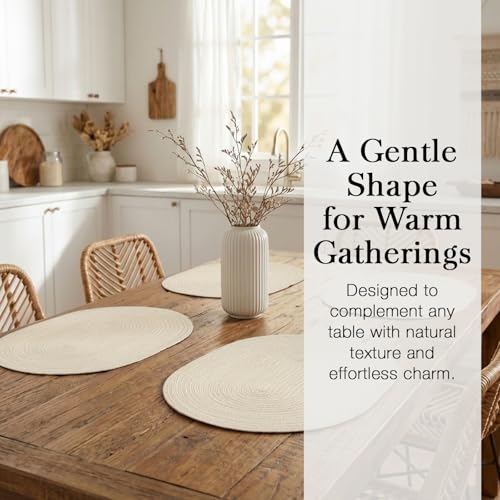 Placemats Set of 6, Woven Oval Braided Dining Table Mats(Cream White) | 12 x 17.5 Inch Size Fits Plates and Flatware; Hand Washable and Heat Resistant for Kitchen Use, with Farmhouse and Boho Style - color: Solid Beige White, size: 6 pcs