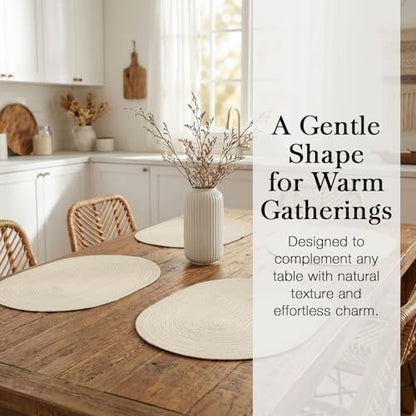 Placemats Set of 6, Woven Oval Braided Dining Table Mats(Cream White) | 12 x 17.5 Inch Size Fits Plates and Flatware; Hand Washable and Heat Resistant for Kitchen Use, with Farmhouse and Boho Style - color: Solid Beige White, size: 6 pcs