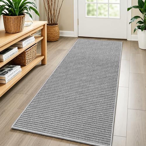Faux Jute Rug Runner 2'x8', Washable & Non-Slip, Grey & White | 0.27" Low Pile Hallway Rug - No Shedding, No Odor. Farmhouse Boho Style for Entryway, Bedroom, Kitchen, Patio & Garage - color: Grey & White, size: 2' x 8' (Rectangular)