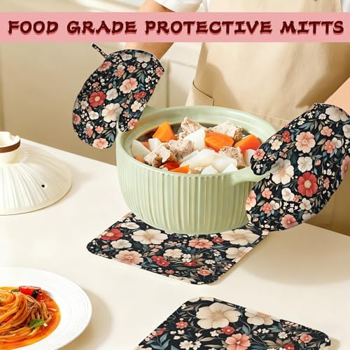 Floral Boho Heat-Resistant Silicone Oven Mitts and Pot Holder 4 Piece Set,Pink Flower Non-Slip Kitchen Oven Gloves for Baking, BBQ, Cooking,Grilling - color: Floral Boho Pink Flower
