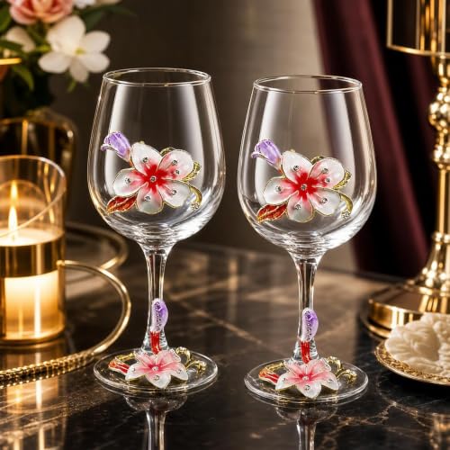 Comeon Flower Wine Glasses Hand Painted Wine Glasses Pink 2 Set | Handmade Enamels Pink Floral Design, Gift Box, Long Stem Crystal Red Wine Glasses, Transparent Glass - color: Pink/ 2 set (gift box)
