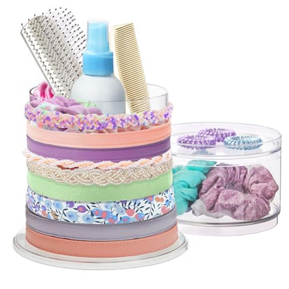 STORi Bella Stackable Clear Plastic Hair Accessory Organizer Set | Round Headband and Hairbrush Holder Stacks on The Storage Containers with Tray Lid | Made in USA - style: Headband Holder w/ Compartment