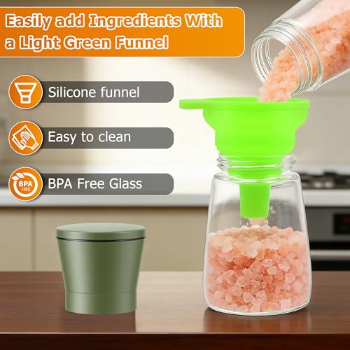 R DRURLCD Sage Green Stainless Steel Sea Salt and Pepper Grinder Set of 2 - Adjustable Ceramic Glass Salt and Pepper Shakers - Kitchen Pepper Mill & Salt Mill W/Funnel - color: Green, size: 2PK