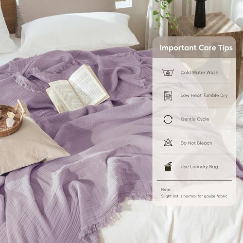 MooMee 100% Cotton Muslin Blanket, Fringed 4-Layer Gauze Bed Couch Throw | Soft Breathable Lightweight Thin Coverlet Summer Blankets for Adults, Bed & Couch All Seasons, Light Purple, 50" x 70" - color: Light Purple, size: Throw XL