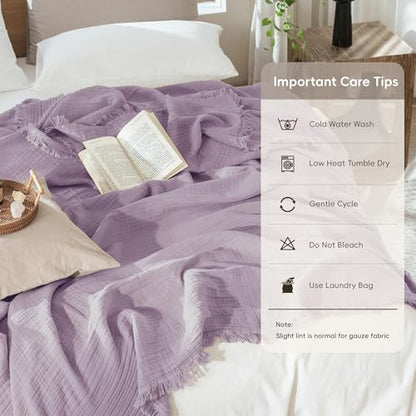MooMee 100% Cotton Muslin Blanket, Fringed 4-Layer Gauze Bed Couch Throw | Soft Breathable Lightweight Thin Coverlet Summer Blankets for Adults, Bed & Couch All Seasons, Light Purple, 66" x 90" - color: Light Purple, size: Twin XL