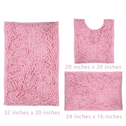 Pink Bathroom Rugs Sets 3 Piece Washable, Luxury ，Chenille Bath Mat Set, Soft Plush Anti-Slip Rectangular Bath， Rug Super Absorbent.3 Pieces Bathroom (Pink, 32"x20"+24"x16"+U Shape 20"x20") - color: Pink, size: 32"x20"+24"x16"+U Shape 20"x20"