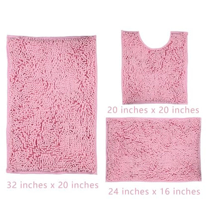 Pink Bathroom Rugs Sets 3 Piece Washable, Luxury ，Chenille Bath Mat Set, Soft Plush Anti-Slip Rectangular Bath， Rug Super Absorbent.3 Pieces Bathroom (Pink, 32"x20"+24"x16"+U Shape 20"x20") - color: Pink, size: 32"x20"+24"x16"+U Shape 20"x20"