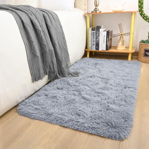 Keeko Fluffy Grey Area Rugs 2x4,Washable Shag Rug for Bedroom Girls Room | Cute Shag Kids Rugs Nursery Living Room Indoor Fuzzy Bedside Rug Ultra Soft Furry Carpet for Teen Baby Dorm Decor - color: Grey, size: 2' x 4' (Rectangular)