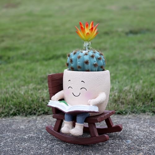 Dolkgy Cute Plant Pots Head Planters, Funny Rocking Chair Reading Book Planter Cactus Face Pot with Drainage Hole for Indoor Outdoor Plants, Unique Plant Lover Gifts - color: Khaki