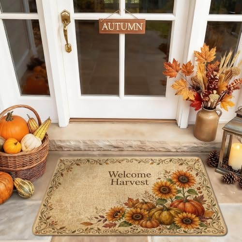 Sunflowers Welcome Door Mat, Seasonal Rustic Pumpkins Harvest Autumn Yellow Non-Slip Dirt Trapper Decorative Doormat Entryway Decor for Front Porch Bathroom Office 29x17 Inch