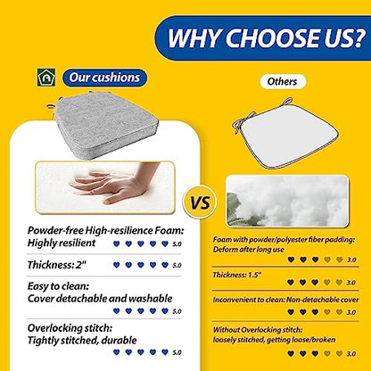 AAAAAcessories D-Shaped Chair Cushions, 2" Thick Dining Chair Pads with Ties and Removable, Machine-Washable Cover, 17" x 16", Set of 4, Light Gray - color: Light Gray, size: 4 Count(Pack of 1)