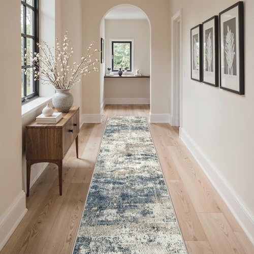 GENIMO 2'6"x12' Runner Rug Non Slip Washable for Hallway Entryway Navy Blue | Modern Abstract, Lightweight Low Pile Thin Carpet, Spill and Stain Resistant Soft Mat for Kitchen Floor, Laundry Room Bedroom - color: Navy Blue Gray, size: 2'6" x 12' (Rectangu