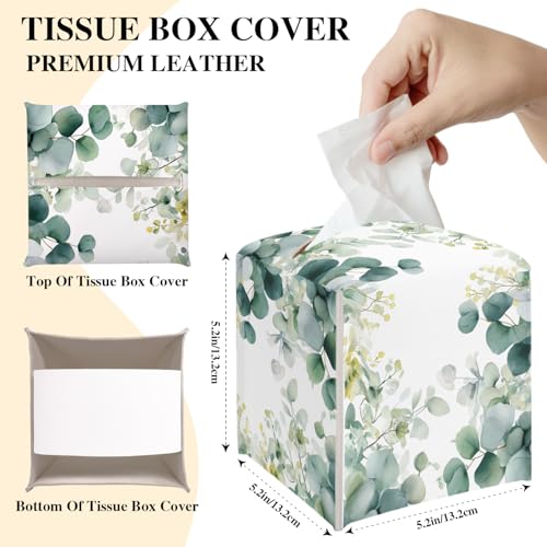 Flowers and Leaves Tissue Box Cover, Watercolor Green Tissue Holder - color: Leaves-2