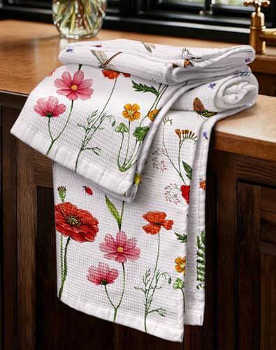 2pcs Cotton Waffle Kitchen Towels, Wildflower | Waffle Weave, Terry Cloth, Pure Cotton, Sustainable, 16"x26", Highly Absorbent, with Hanging Loop, Giftable Package - color: Wildflower