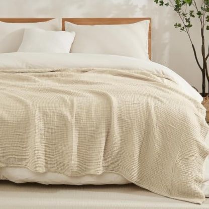 EMME Cotton Blanket Queen Size for Bed Soft Muslin Bed Blankets 90"x90" Beige Lightweight Breathable Bedspread Coverlet All Season Gauze - color: 02 - Beige, size: Queen (90" x 90")