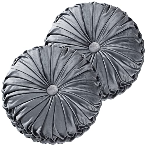 HIG Set of 2 Dark Gray Velvet Decorative Round Pleated Throw Pillows | Vintage Floor Pillows, Classy Accent Pumpkin with Center Button, for Sofa Couch Vanity Chair Bed, 14.5" Diameter - color: R - Dark Gray