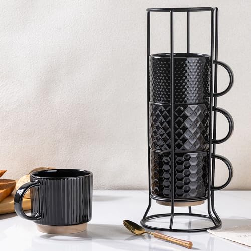 GBhome 12 OZ Stackable Coffee Mugs Set of 4, Ceramic Black Coffee Cups Set | Coffee Mugs With Stand, Dishwasher&Microwave Safe, 4 Assorted Designs - color: Black, size: 12oz (With Stand)