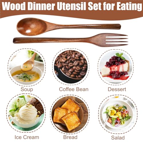 16 Pcs 9" Wooden Spoons Forks Set, Wood Dinner Utensil Set for Eating, Kitchen Reusable Flatware Tableware, Natural Cutlery Include 8 Spoons and 8 Forks, for Cooking Home Restaurant, Brown