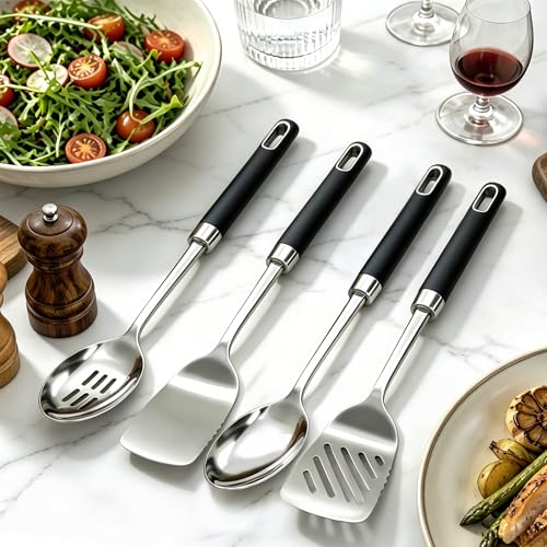 4PCS Stainless Steel Cooking Spatula Spoon Set, Metal Cooking Utensils Set with Anti-Scald Handle, Heat Resistant Kitchen Utensils Set with Turners, Serving Spoon, Ladle, Skimmer, Pasta Server