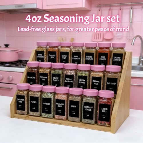 Pink Spice Jars with Labels - 24 Glass Spice with Shaker Lids & Airtight Plastic Caps - 4oz Complete Seasoning Containers Organizer Set for Cabinet, Drawer & Rack (Deeppink) - color: Deeppink