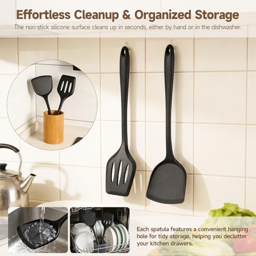 2-Pack Silicone Spatula Set, Heat Resistant Spatulas for Baking & Mixing, BPA-Free Solid & Slotted Turner for Non-Stick Pans, Kitchen Utensils for Scraping, Sauteing and Flipping (Black) - color: Black