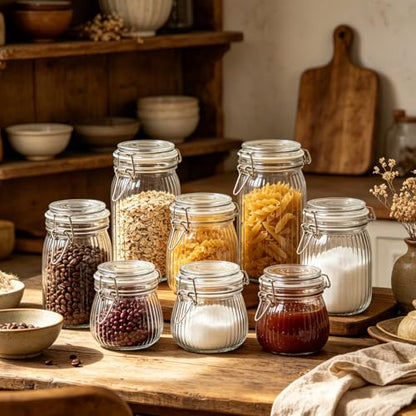 ComSaf Small Ribbed Glass Jars with Airtight Lids 17 oz 6 Pack Wide Mouth | Flour sugar coffee beans, Fermenting pickling, Farmhouse pantry decor, Jam jelly honey, Nuts snacks spices, Kitchen storage - size: 17oz*6-Ribbed