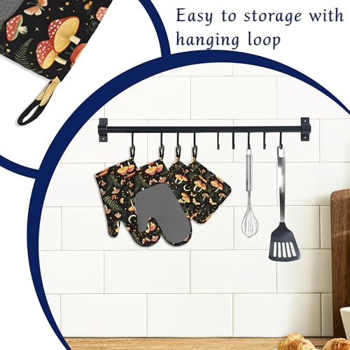 Boho Mushrooms Oven Mitts and Pot Holders Sets of 4 Wildflowers Butterfly Heat Resistant Silicone Oven Mits Gloves Non-Slip Kitchen Mittens Potholders for Cooking Baking Grilling BBQ - color: Boho Mushrooms,wildflowers Butterfly