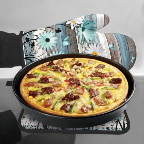 Daisy Floral Oven Mitts and Pot Holder Sets Rustic Wood Potholders Non-Slip Heat Resistant Oven Gloves for Kitchen Baking Cooking Grilling - color: Daisy Wood
