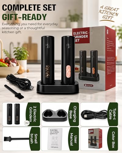 COOLMI Electric Salt and Pepper Grinder Set with Charging Base, 110ml | Rechargeable 2-Pack With 6 Grind Settings, LED Light, Ceramic Grinding Cores, 110ml Top-Fill Chambers, And One-Hand Operation