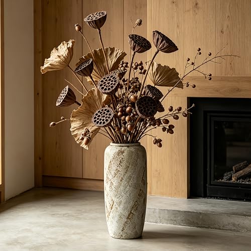 Rustic Ceramic Floor Vase, 15.7 Inch, Handpainted Finish | Living Room, Entryway, Fireplace, Pampas Grass, Dried Branches