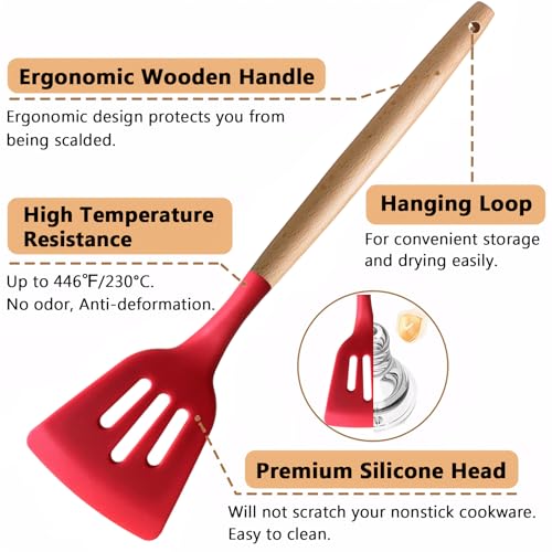 Kitchen Cooking Utensils Set 6Pcs Heat Resistant Silicone Kitchen Utensils Spatula Spoon Turner Ladle w Wooden Handle, BPA FREE Silicone Cooking Tool Gadget Set for Nonstick Cookware & Baking - color: Red, size: Standard 6-Piece Set