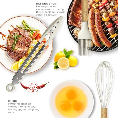 oannao Silicone Cooking Utensils Set - 446°F Heat Resistant Silicone Kitchen Utensils for Cooking,Kitchen Utensil Spatula Set w Wooden Handles, BPA FREE Gadgets for Non-Stick Cookware (Khaki) - color: Khaki