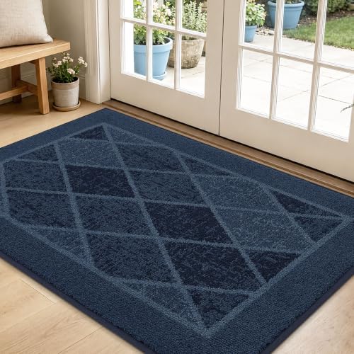 BEQHAUSE Dirt Trapper Door Mats 32" x 48", Non-Slip Washable, Navy Blue | Doormat Indoor Entrance Low-Profile, Dirt Resistant and Absorbent Entryway Rugs Inside Welcome Floor Mat for Front Back Door - color: Navy Blue, size: 32" X 48" (Rectangular)