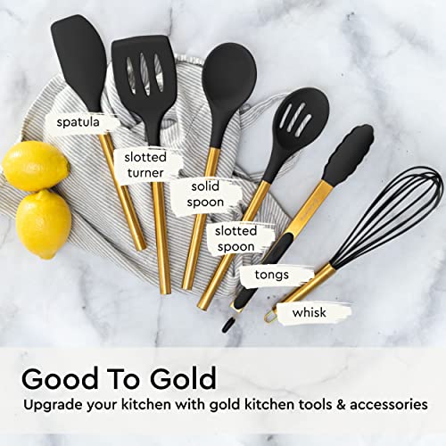 Styled Settings Black and Gold Kitchen Utensils Set, 6-Piece | Silicone Utensils Set Include Tongs, Whisk, Serving Spoon, Spatula, & Turner for Stylish Cooking - Gold Kitchen Accessories - color: Black & Gold
