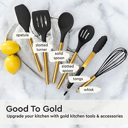 Styled Settings Black and Gold Kitchen Utensils Set, 6-Piece | Silicone Utensils Set Include Tongs, Whisk, Serving Spoon, Spatula, & Turner for Stylish Cooking - Gold Kitchen Accessories - color: Black & Gold