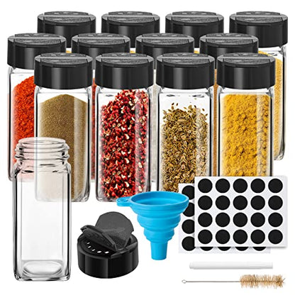 Saiveina 12 Pack Glass Spice Jars with Labels, 4oz Spices Containers Spice Jars with Black Shaker Lids, Empty Containers for Spice, Silicone Funnel and Pen Included