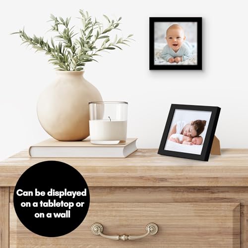 Americanflat 4x4 Picture Frame - Slim Molding - Black | Shatter-resistant glass, wall or tabletop display with included easel, triangle hangers included, secure turn-tab backing - color: Black, size: 4x4