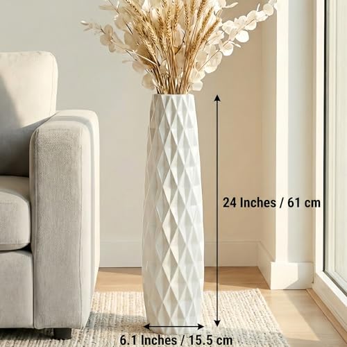 White Tall Ceramic Floor Vase, 24 Inch, Textured Design | Glossy Glazed Finish, Living Room, Fireplace, Entryway, Pampas Grass - color: Shape 2, size: 24 Inch