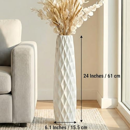 White Tall Ceramic Floor Vase, 24 Inch, Textured Design | Glossy Glazed Finish, Living Room, Fireplace, Entryway, Pampas Grass - color: Shape 2, size: 24 Inch